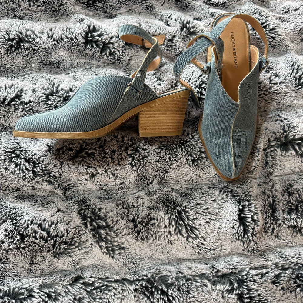 Lucky Brand Blue Mules with Wooden Heel